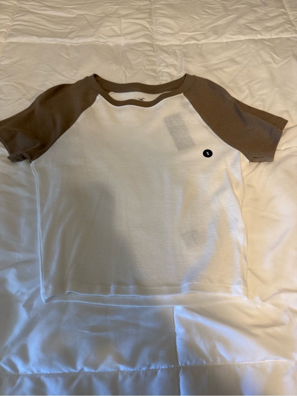 Hollister White Crop Tee with Brown Raglan Sleeves